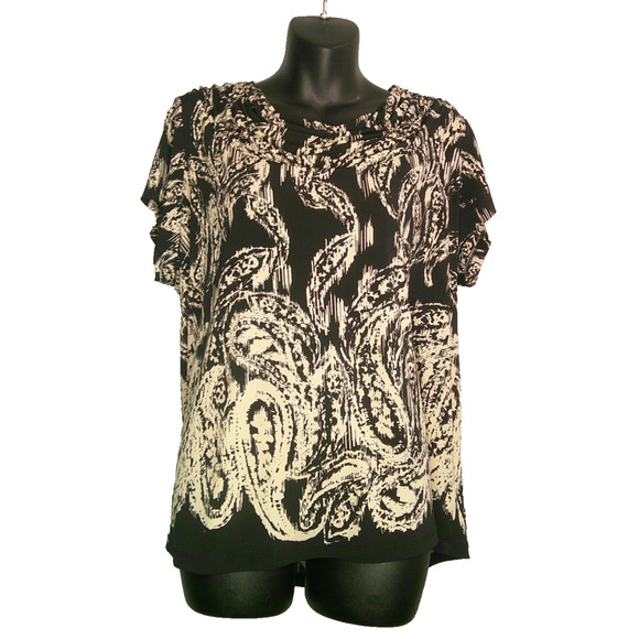 Rafaella Woman 1X Short Sleeve Blouse Rouched Round Neck Black & White Paisley - Picture 1 of 7